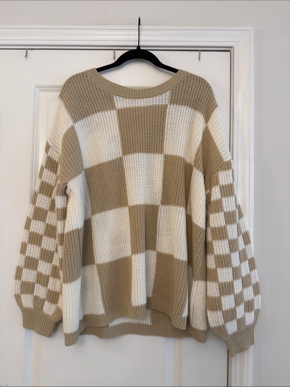 Checked Knit Sweater - Cream & Tan - Unbranded